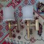Antique French 20th century brass and 6 opaline glass Chandelier, plus two wall lights, 1970s Image 7
