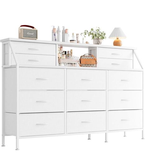 Dresser for Bedroom with 13 Drawers, 55 Wide Chest of Drawers, Fabric Dresser with 2 Wooden Shelves