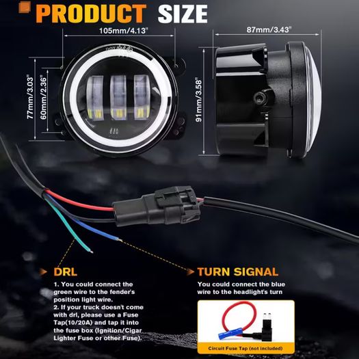 4-Inch LED Fog Lights Featuring White Angel Eyes Halo Rings,