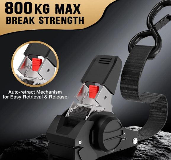 4 Pce Retractable Ratchet Straps Tie Downs 2.5CM x 3M 800kg Break Strength