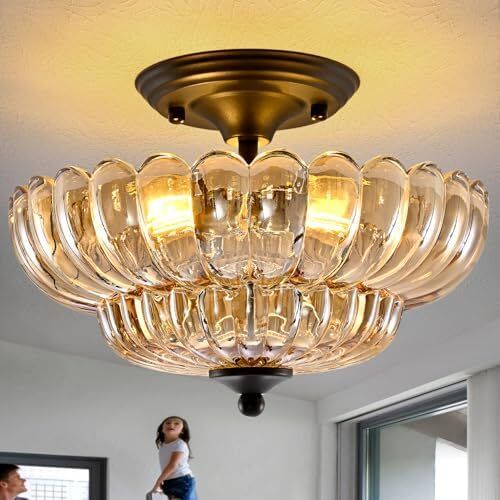 Modern Black Ceiling Light Fixture, Amber Glass Flush Mount Chandeliers, Semi Flush Mount Ceiling Light Fixture Suitable for Living Room Hallway Kitchen Bedroom