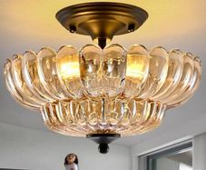 Modern Black Ceiling Light Fixture, Amber Glass Flush Mount Chandeliers, Semi Flush Mount Ceiling Light Fixture Suitable for Living Room Hallway Kitchen Bedroom
