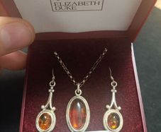 A Pair Of Amber Drop Earrings To Shepherd Hook Fittings, And An Pendant To A Chain In Silver