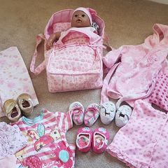 Doll, Carrycot, quilt and clothes