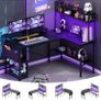 L Shaped Gaming Desk with Power Outlets & LED Lights, Small L- Shaped Computer Corner Desk with Monitor Stand & Storage Shelf, Gaming Table with Storage Bag, Black Image 3