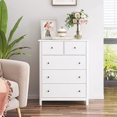 Chest of Drawers, White Sideboard with 5 Drawers, Side Cabinet, Lots of Storage Space, Multi-Purpose Cabinet for Living Room, Bedroom, Hallway, 74 x 40 x 9