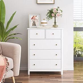 Chest of Drawers, White Sideboard with 5 Drawers, Side Cabinet, Lots of Storage Space, Multi-Purpose Cabinet for Living Room, Bedroom, Hallway, 74 x 40 x 9