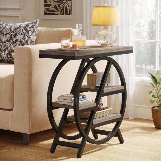 Industrial Side Table 3-Tier Narrow Side Table with Storage Space Metal Frame