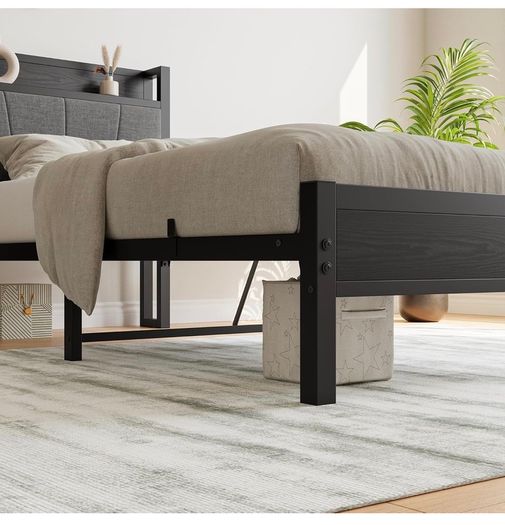 3ft Single Bed Frame with Storage Headboard,Heavy Duty Metal Upholstered Platform Bed Frame,Mattress Foundation/Strong Steel Slat Support/Under-bed Storage/Easy Assembly/Black