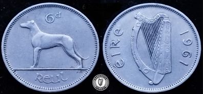 [#701] - Ireland 1961 | 6 Pence | Wolfhound | KM.13a