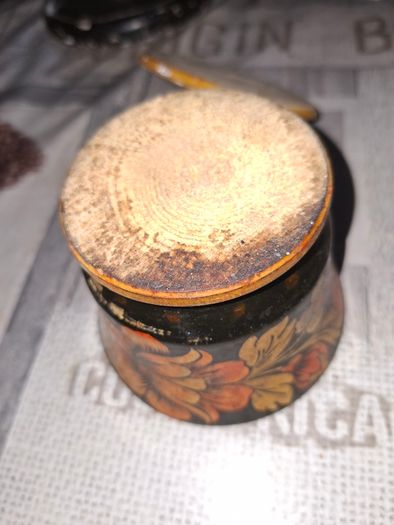 Vintage Russian Khokhloma Lidded Wooden Jar Hand Painted Lacquer Folk Art Trinket Box,