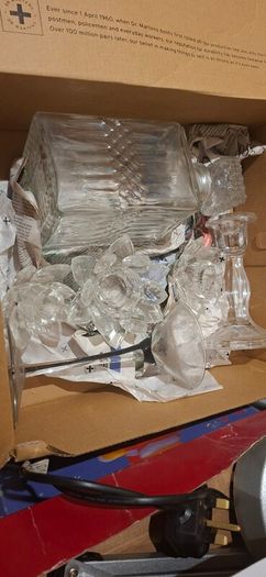 Heavy cut-glass Whiskey Decanter plus other items