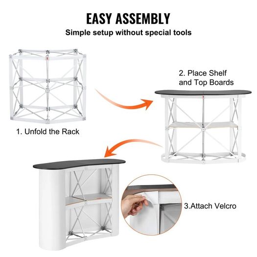 Portable Tradeshow Podium Table, 130 x 46,5 x 95 cm, Display Exhibition Counter Stand Booth Fair with Wall, Foldable Promotion Retail Bar Table Pop Up Podium with Storage Rack, Carrying Bag