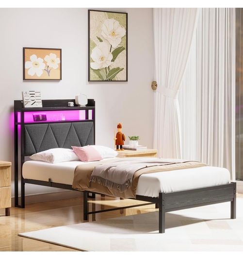 Single Bed Frame with 3ft Upholstered Wooden Storage Headboard, Grey Single Bed Frame with LED Lights & USB Charging, 90x190cm Two-shelf Storage Headboard, Heavy Duty Slats for Small Bedrooms