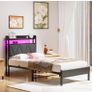 Single Bed Frame with 3ft Upholstered Wooden Storage Headboard, Grey Single Bed Frame with LED Lights & USB Charging, 90x190cm Two-shelf Storage Headboard, Heavy Duty Slats for Small Bedrooms Image 6