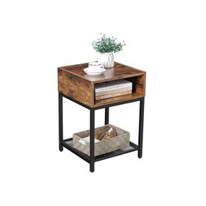 Bedside table, side table with open compartment and lattice tray, living room, bedroom, easy construction, space-saving, industrial design, vintage, dark brown