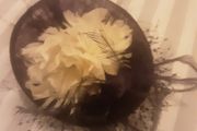 Head Piece/Fascinator from Jacques Vert .. One Size .. Colour: Purple with Large White Flower and Purple Satin Clutch Bag with Wrist Steap