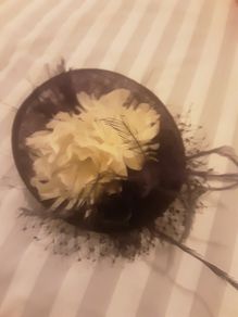 Head Piece/Fascinator from Jacques Vert .. One Size .. Colour: Purple with Large White Flower and Purple Satin Clutch Bag with Wrist Steap