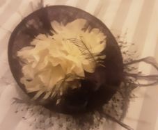 Head Piece/Fascinator from Jacques Vert .. One Size .. Colour: Purple with Large White Flower and Purple Satin Clutch Bag with Wrist Steap