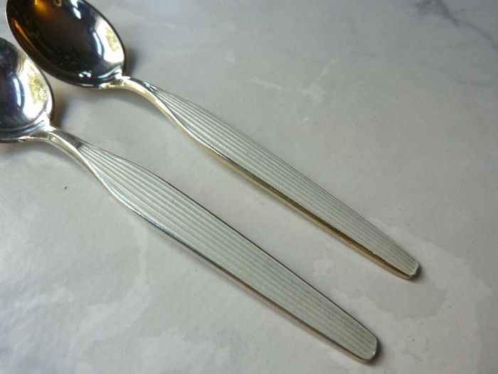 Pair Vintage Norwegian Hallmarked Sterling Silver 925 White Enamel Coffee Spoons. Excellent Condition.
