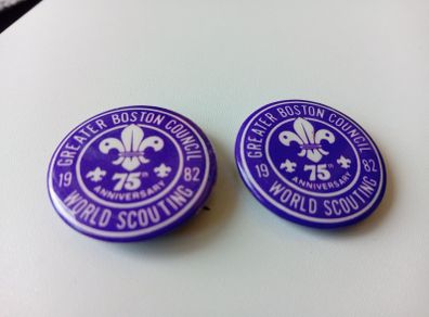 1982 Greater Boston Council - world scouting 1 1/4" round pin back badges