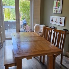 Premium Solid Oak Butterfly Extendable Dining Set Bench & Chairs