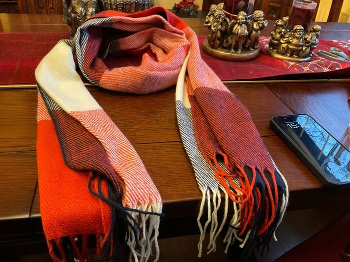 New warm and cosy scarf in shades of rust ,cream black and burnt orange