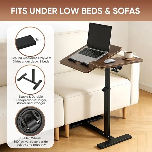 Overbed Bedside Table with Wheels, 60x40cm Split Tilting Tabletop, Height Adjustable Bedside Laptop Desk, Sofa Side Tray Table, Rolling C-Shaped Computer Stand for Bed Sofa Hospital Home, Walnut