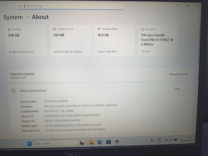 Dell Latitude 3420 16gb ram ssd 250