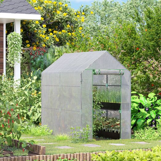 Walk-in Garden Greenhouse with Shelves, Polytunnel Steeple Grow House, Outdoor Plant Shelter Tent, 186L x 120W 190Hcm