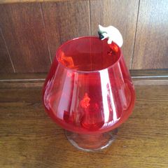 Vintage 1960s Large Red Art  Glass Balloon Brandy Glass Vase with Cat And Mouse
