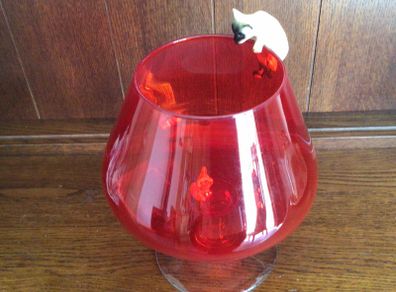 Vintage 1960s Large Red Art  Glass Balloon Brandy Glass Vase with Cat And Mouse