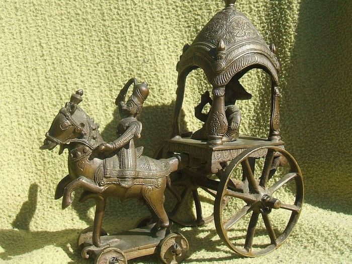 Antique INDIAN BRONZE TEMPLE TOY (Kutch style) - an exceptionally fine example with horse and rider with carriage (c.19th century)