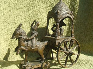 Antique INDIAN BRONZE TEMPLE TOY (Kutch style) - an exceptionally fine example with horse and rider with carriage (c.19th century)