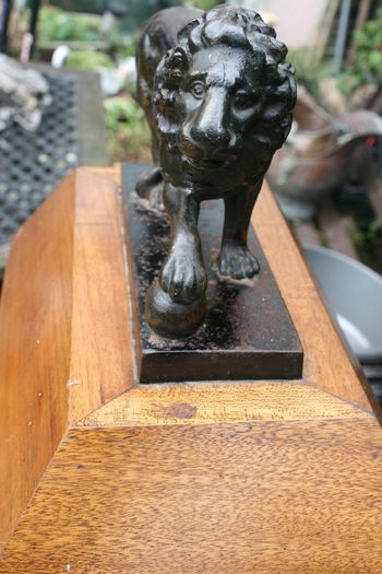 Antique Cast Iron Lion Figurine on Wooden Base