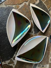 Three French Mid Century Dishes by Verceram in iridescent black and pearly ivory colour. modernist ceramic decorative plate bowl