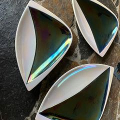 Three French Mid Century Dishes by Verceram in iridescent black and pearly ivory colour. modernist ceramic decorative plate bowl
