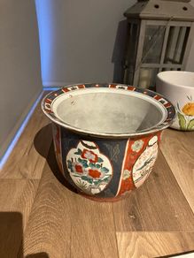 Large Vintage Imari Style Ceramic Planter Bowl - Hand Painted