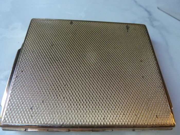Rare and Genuine Art Deco AGME Switzerland Gold Tone Mother of Pearl Compact with Adjustable Initials