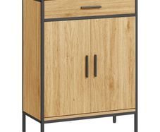 Bathroom cabinet, two-tier shelves, large drawer, industrial style, oak effect