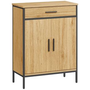 Bathroom cabinet, two-tier shelves, large drawer, industrial style, oak effect