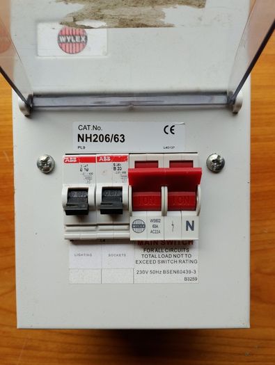 Wylex 63A shed / garage circuit board