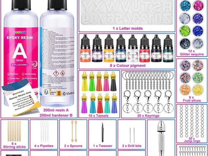 Epoxy Resin Kits for Beginners, 192 Pcs Letter Number Resin Moulds Silicone Keyring Making Kit, with 400ml Clear Resin, Resin Accessories/Pigment/Glitter Sequin/Gold Leaf/Keychain Tassels (FREE POSTAGE)