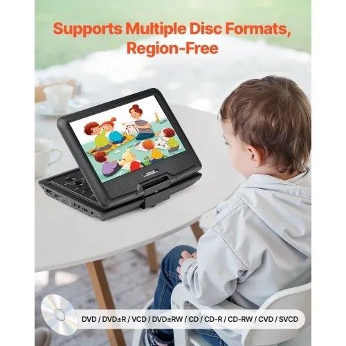 10.1 inch HD Swivel Display Screen, 4 Hours Built-in Rechargeable Battery, Dual Speakers, Support Sync TV/USB/SD Card/CD/DVD, Car Charger, AC Power Adapter, Remote Control