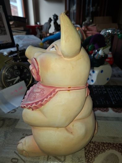 Large Vintage Hand Painted Ceramic Piggy bank Whimsical Baby Pig Pink Bib and Sucking on a Pacifier
