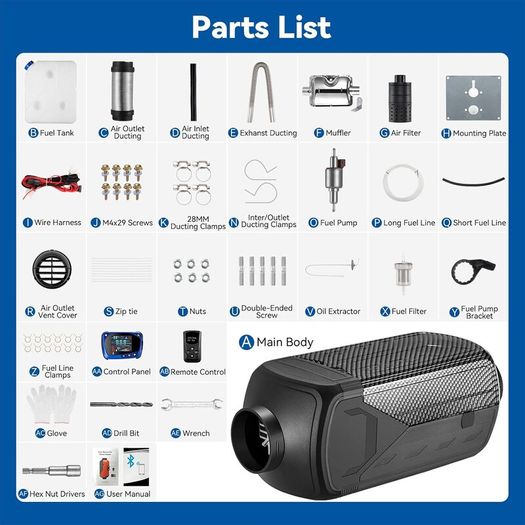 12V 8KW Diesel Heater, LCD, Remote, Bluetooth.