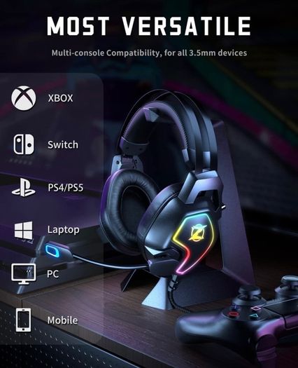 Gaming Headset for PS4 PS5 PC Xbox One Switch, Over Ear Headphones with Surround Sound, Noise Cancelling Mic, Suspension Headband (FREE POSTAGE)