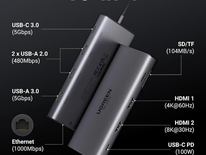 Docking Station, Revodok Pro 210 USB C Hub (10-in-1) with Dual 4K@60Hz, Single 8K@30Hz, Gigabit Ethernet, 100W PD, 4x 5Gbps USB Data Ports, SD/TF, USB-C Dock for Thinkpad, HP, Dell Laptops