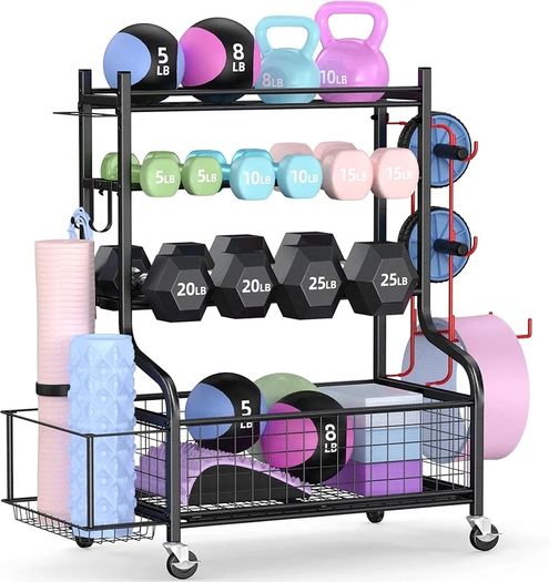 Dumbbell Rack Stand, Multifunctional Weight Rack for Dumbbells, Yoga Mat, Fascia Roller, Kettlebell and Yoga Block, Powder-Coated Steel Dumbbell Stand with Wheels and Hooks