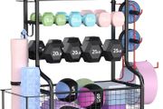 Dumbbell Rack Stand, Multifunctional Weight Rack for Dumbbells, Yoga Mat, Fascia Roller, Kettlebell and Yoga Block, Powder-Coated Steel Dumbbell Stand with Wheels and Hooks